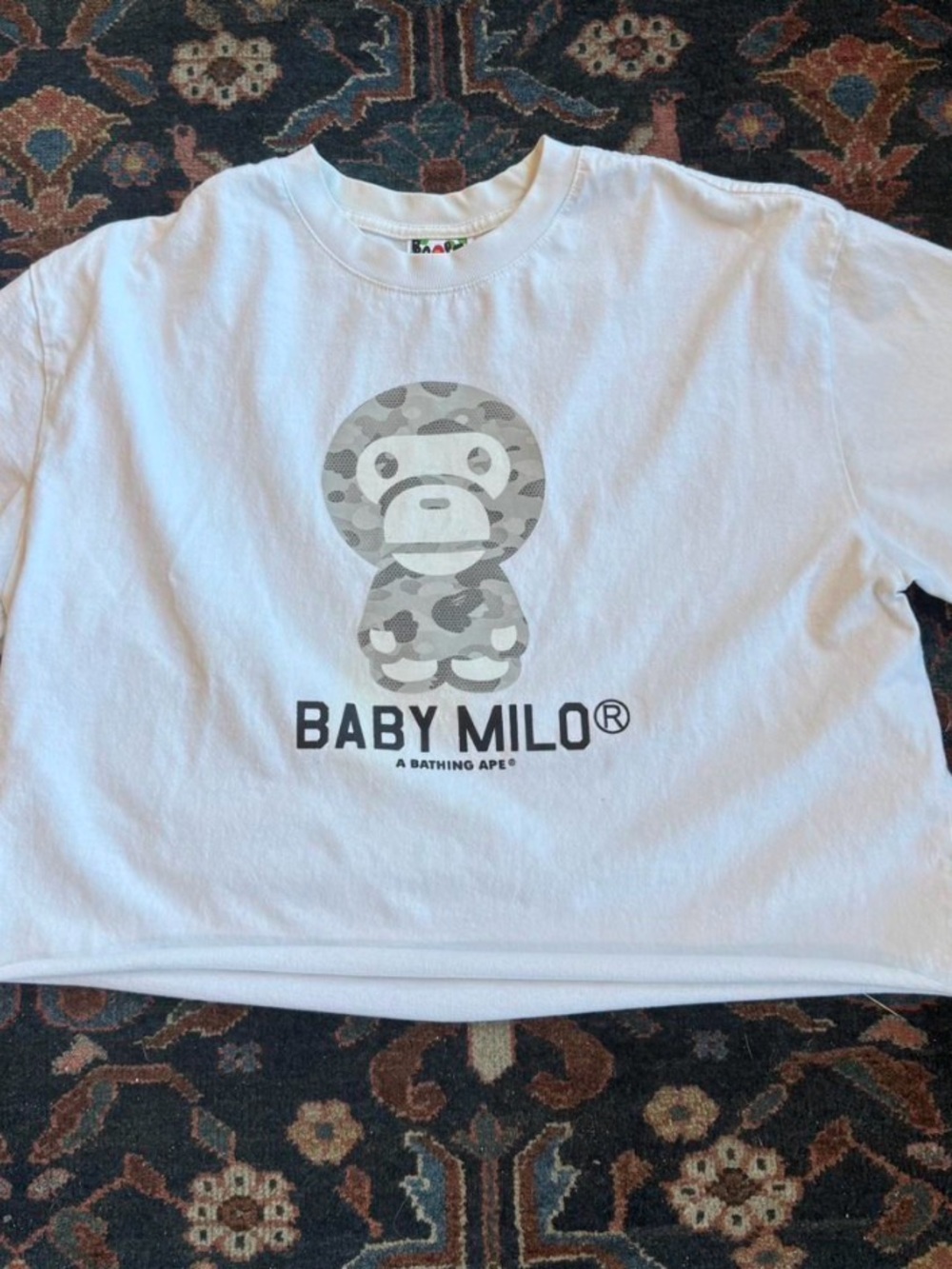Bape White Baby Milo Crop Top with Gray Camo Graphic